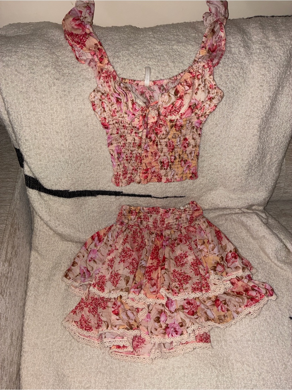 Floral Pink Ruffle Crop Top & Skirt Two-Piece Set
